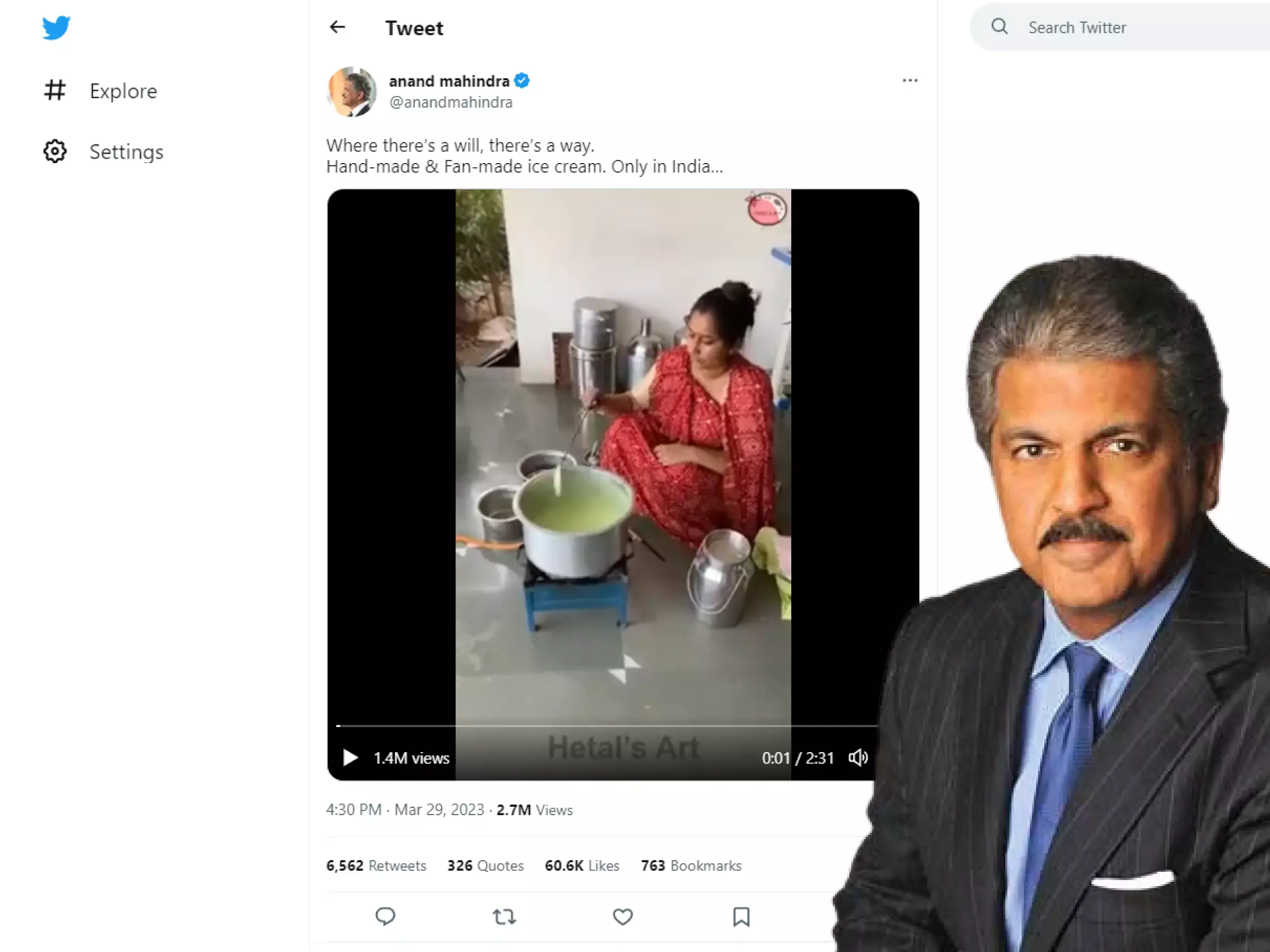 ഫാന്‍ വെച്ച് ഐസ്‌ക്രീം നിര്‍മ്മാണം, വീട്ടമ്മയുടെ ബുദ്ധിയെ അഭിനന്ദിച്ച് ആനന്ദ് മഹീന്ദ്ര