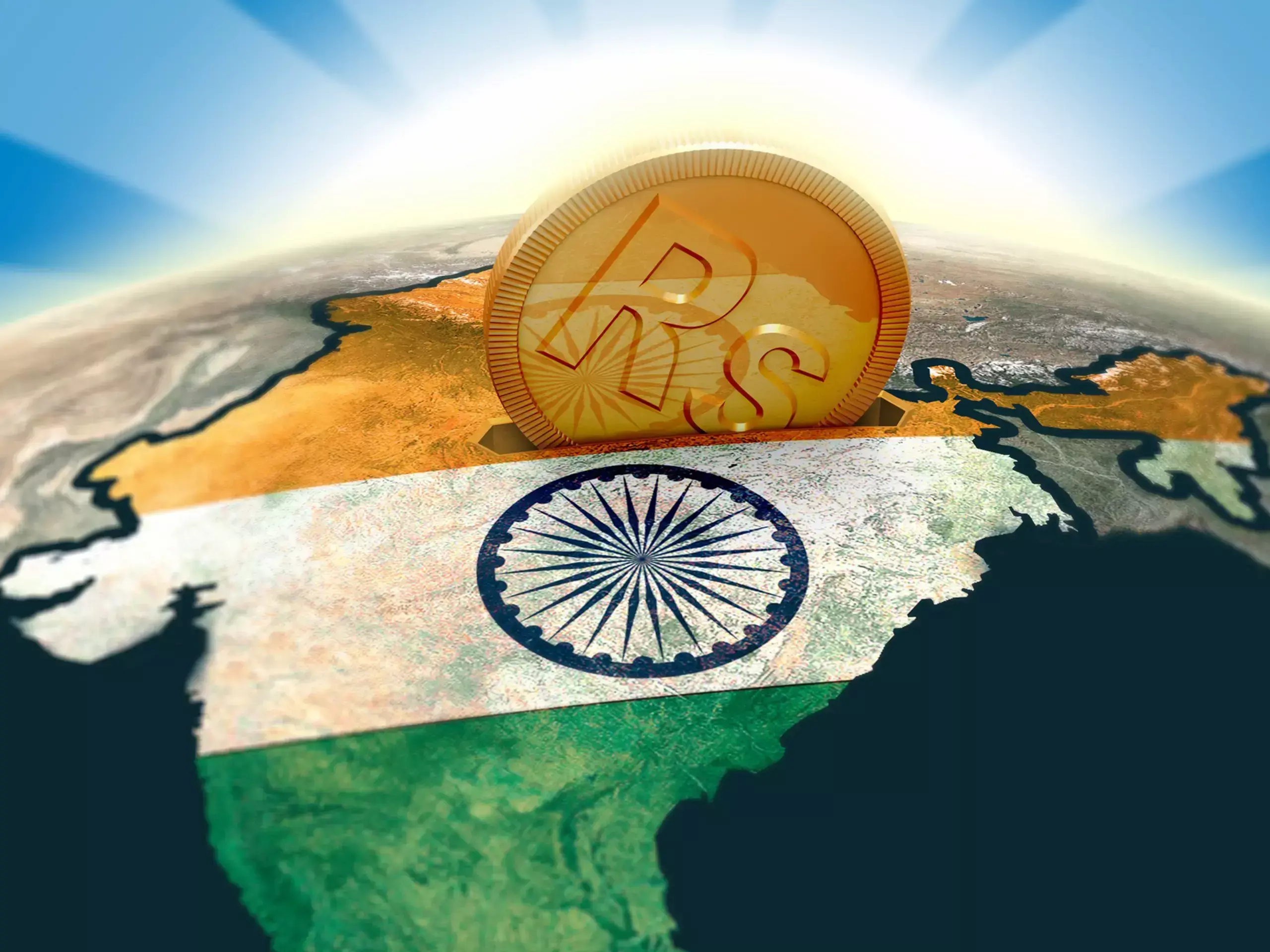 Bull market symbol with Indian Rupee and US dollar representing trade growth.