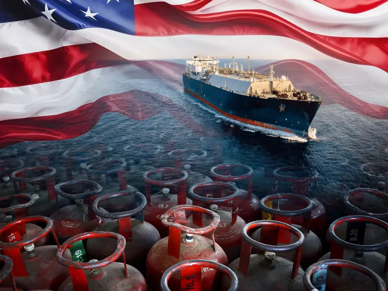 ഒരു കൂട്ടം എൽപിജി ഗ്യാസ് സിലിണ്ടറുകളും പശ്ചാത്തലത്തിൽ പുകയുന്ന യുദ്ധഭൂമിയും.