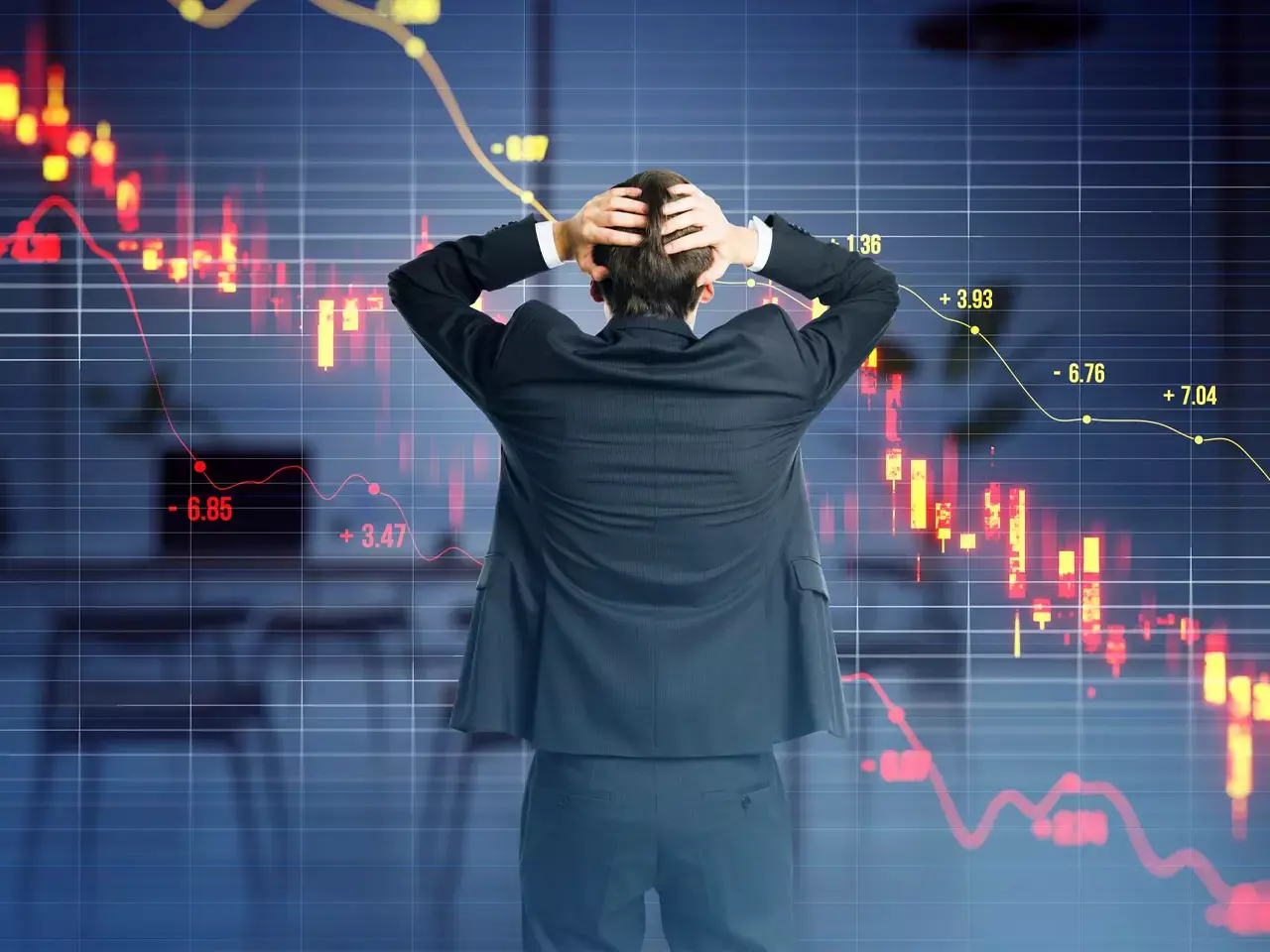 Red graph showing Indian stock market crash Sensex and Nifty down. Red graph showing Indian stock market crash Sensex and Nifty down.