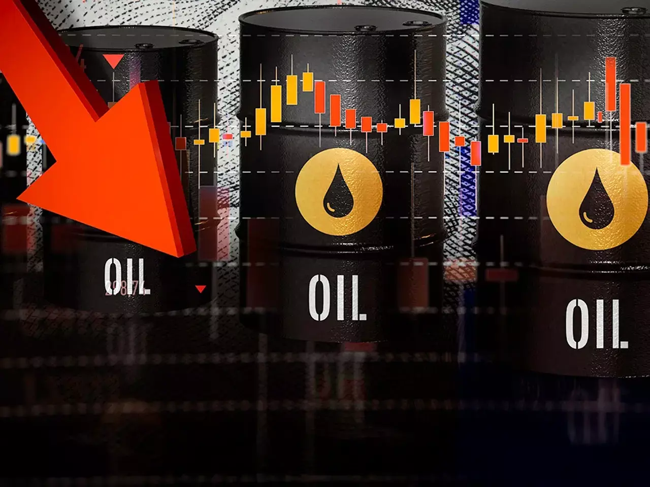 US President Donald Trump and oil refinery barrels representing global crude oil price drop. US President Donald Trump and oil refinery barrels representing global crude oil price drop.