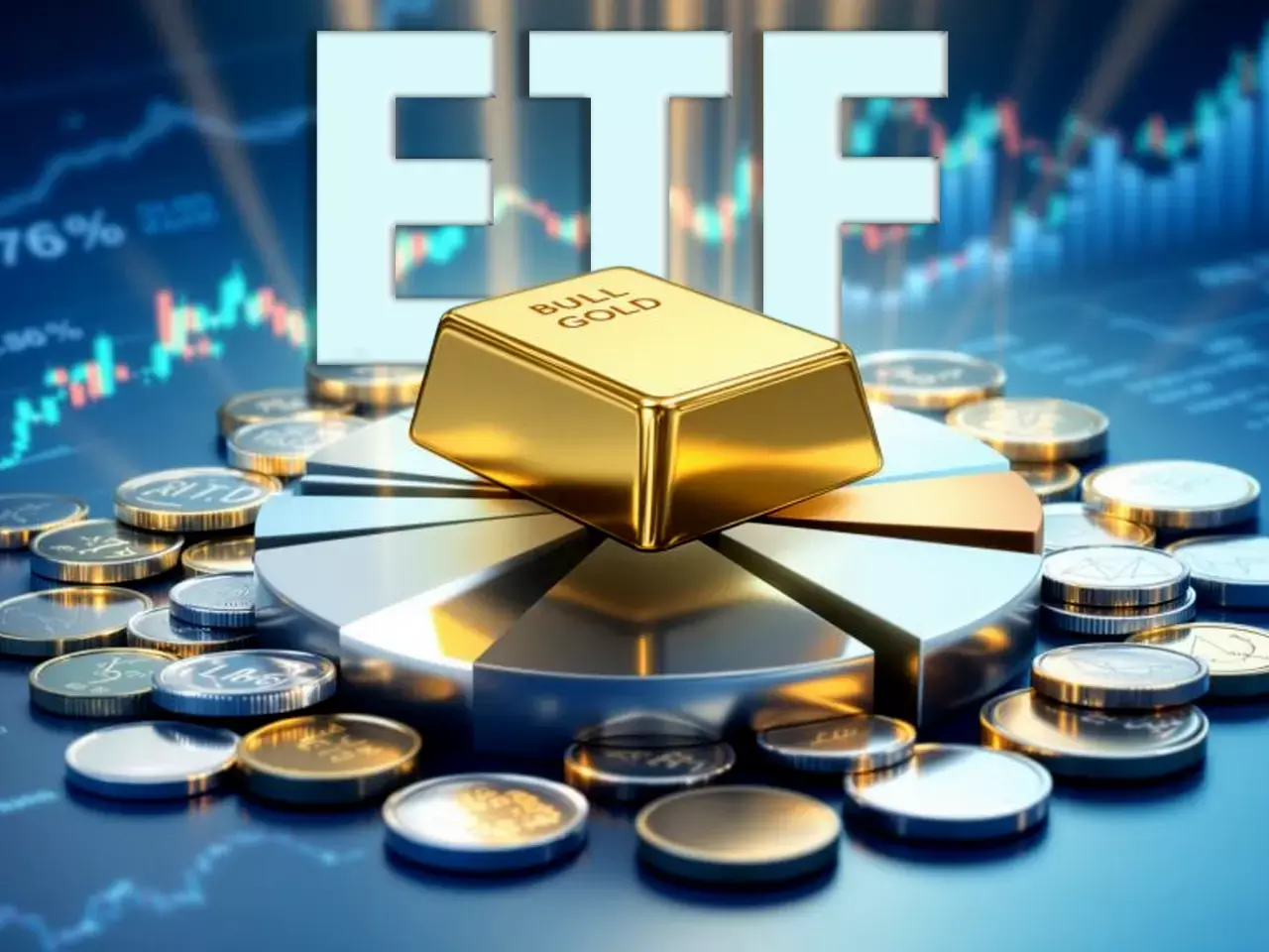 Gold biscuits and silver bars with a rising financial graph background, representing gold and silver ETF price hike.