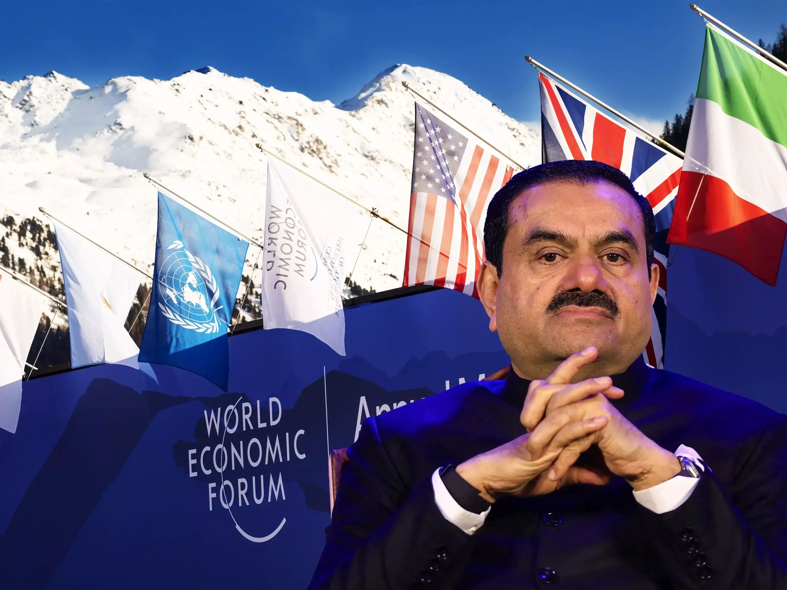 Gautam Adani with a background of the US Treasury/OFAC logo and oil tankers at Mundra Port, representing the US investigation into Adani Enterprises alleged Iranian oil imports.