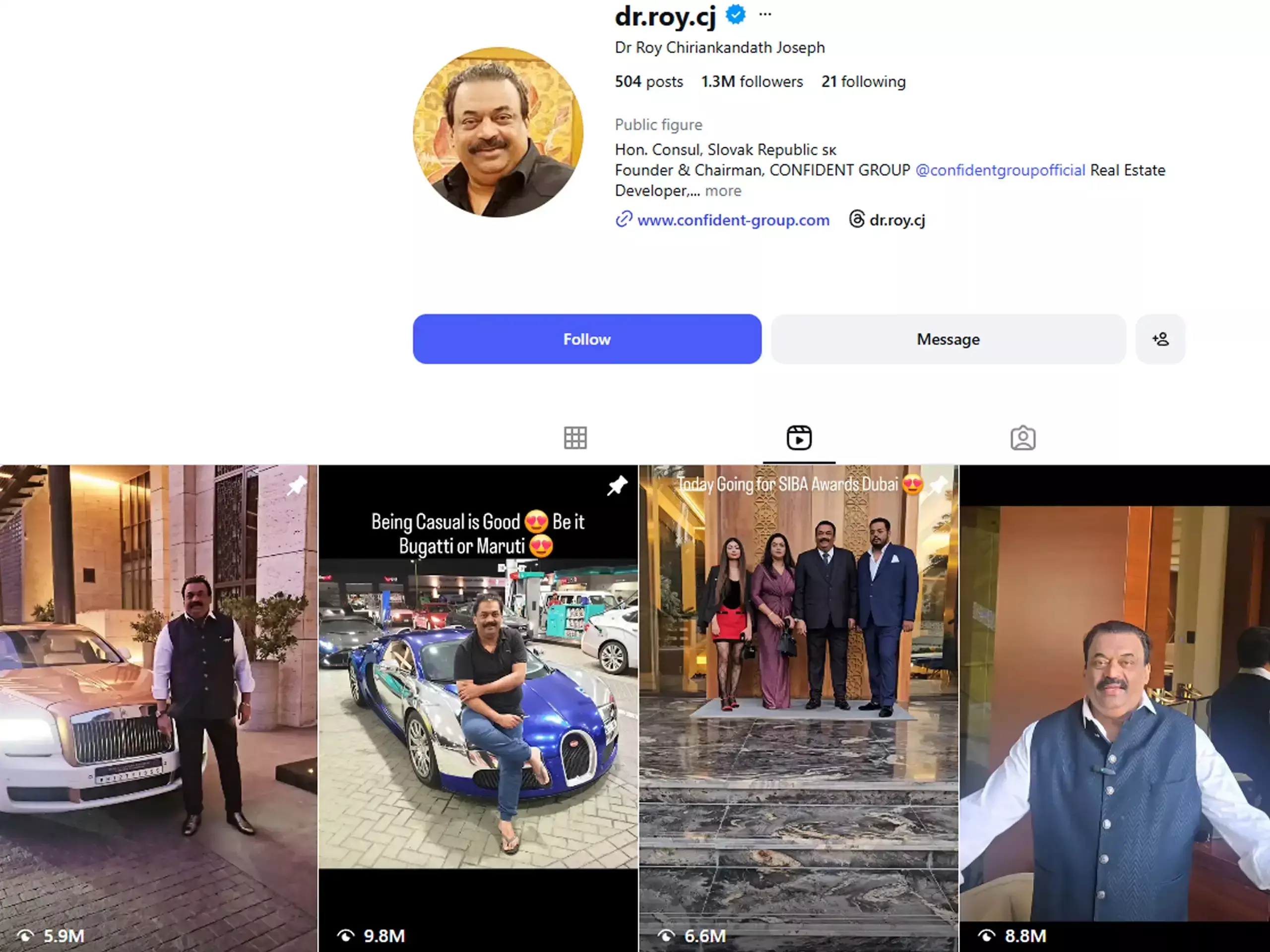 CJ Roy Instagram : സിജെ റോയി; അവസാന ഇൻസ്റ്റഗ്രാം റീൽ കണ്ടത്  89 ലക്ഷം പേർ.  ഫോളോ ചെയ്തിരുന്നത് 13 ലക്ഷം പേർ