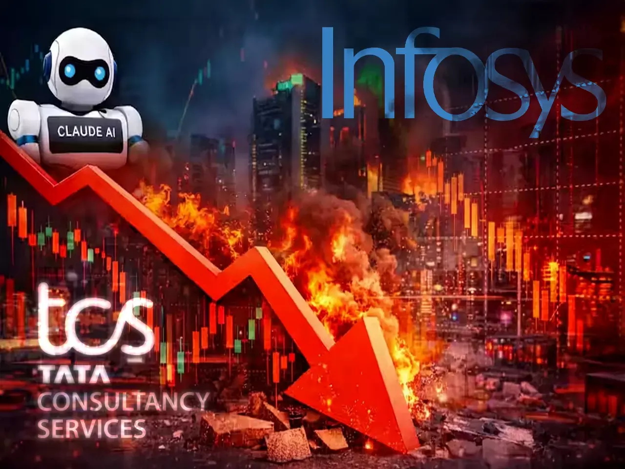Graphic showing Anthropic AI logo rising and Indian IT company stocks falling. Graphic showing Anthropic AI logo rising and Indian IT company stocks falling.