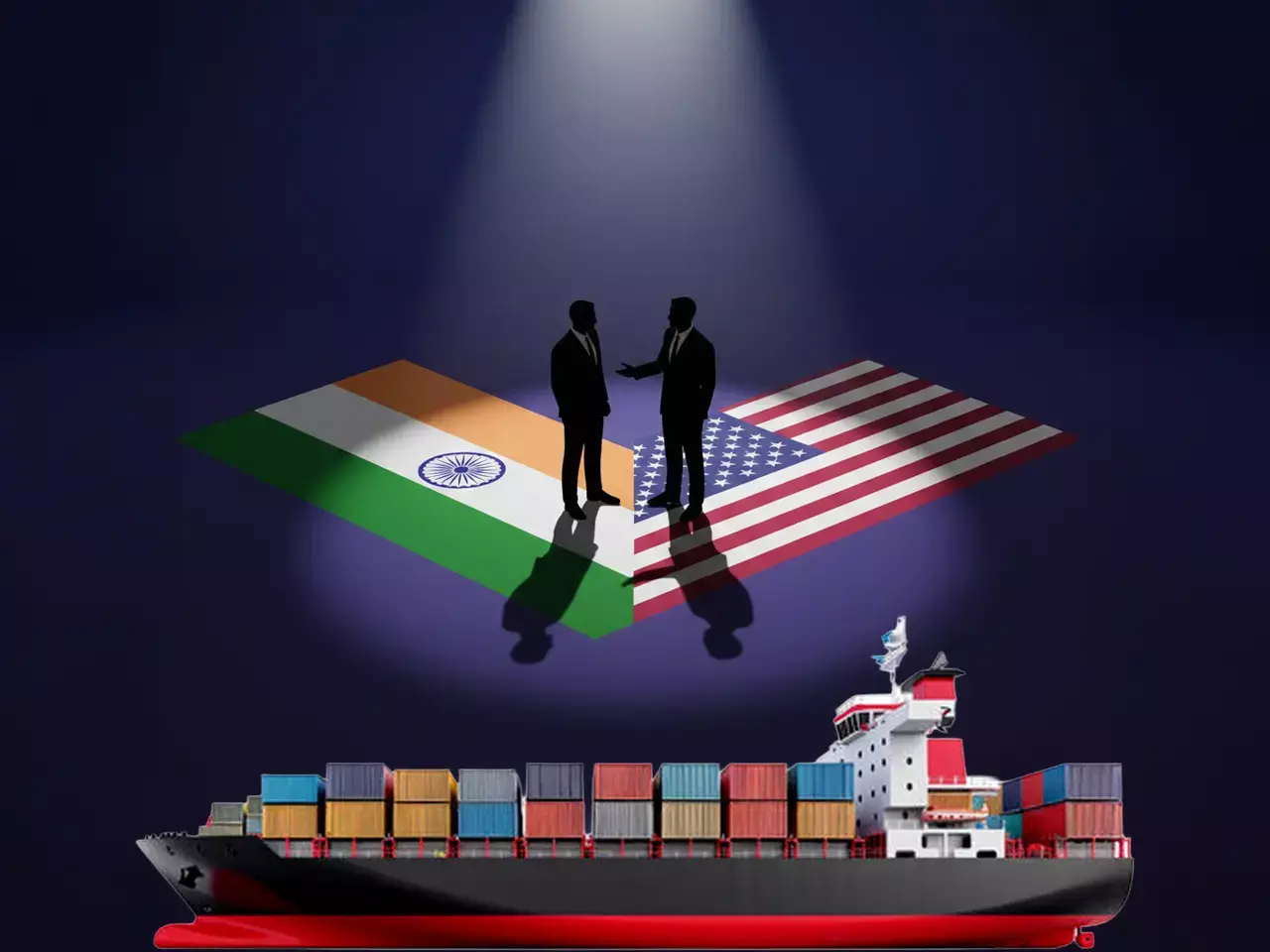 PM Modi and US President shaking hands with India and US flags in the background, representing the trade deal.