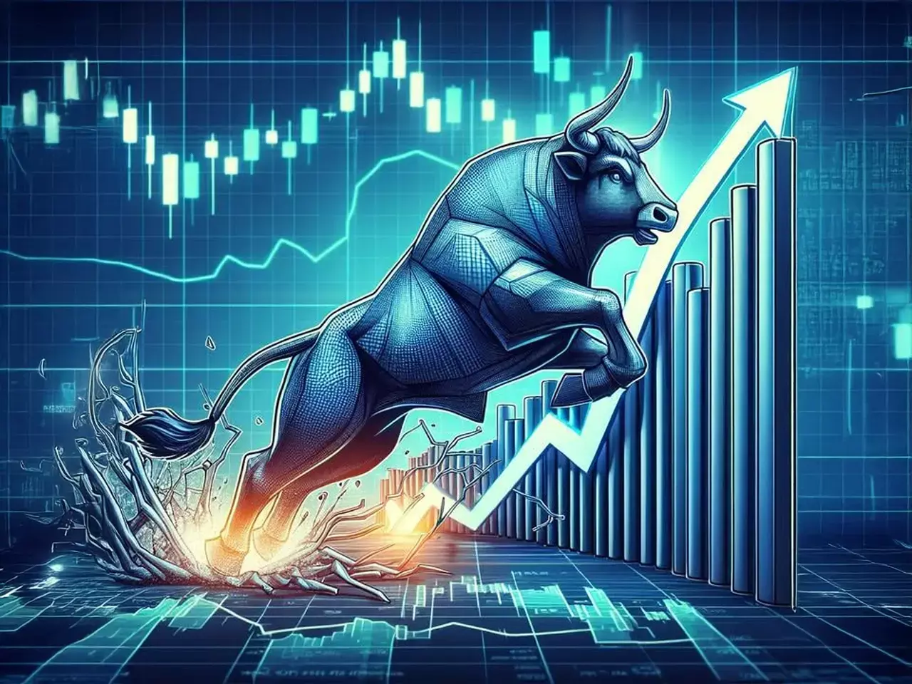 Bull and Bear symbols with Indian Stock Market graph and US-India flags representing trade policies. Bull and Bear symbols with Indian Stock Market graph and US-India flags representing trade policies.