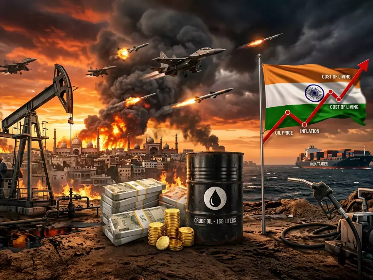 Indian stock market bull and bear graphics with a backdrop of the Middle East conflict map and oil refinery.