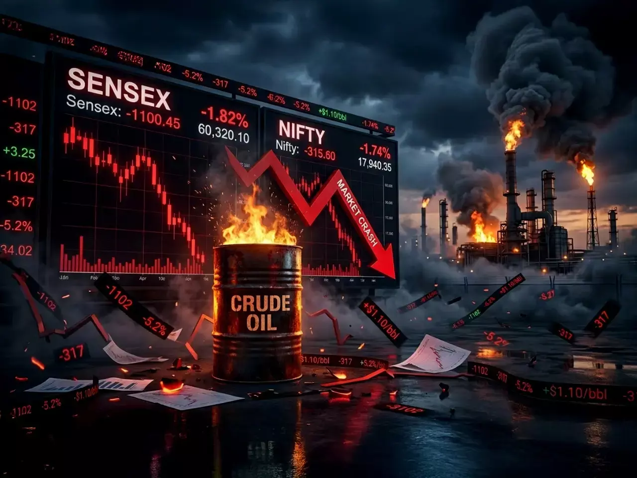 crude price hike, sensex falls 1,100 points, nifty also in decline