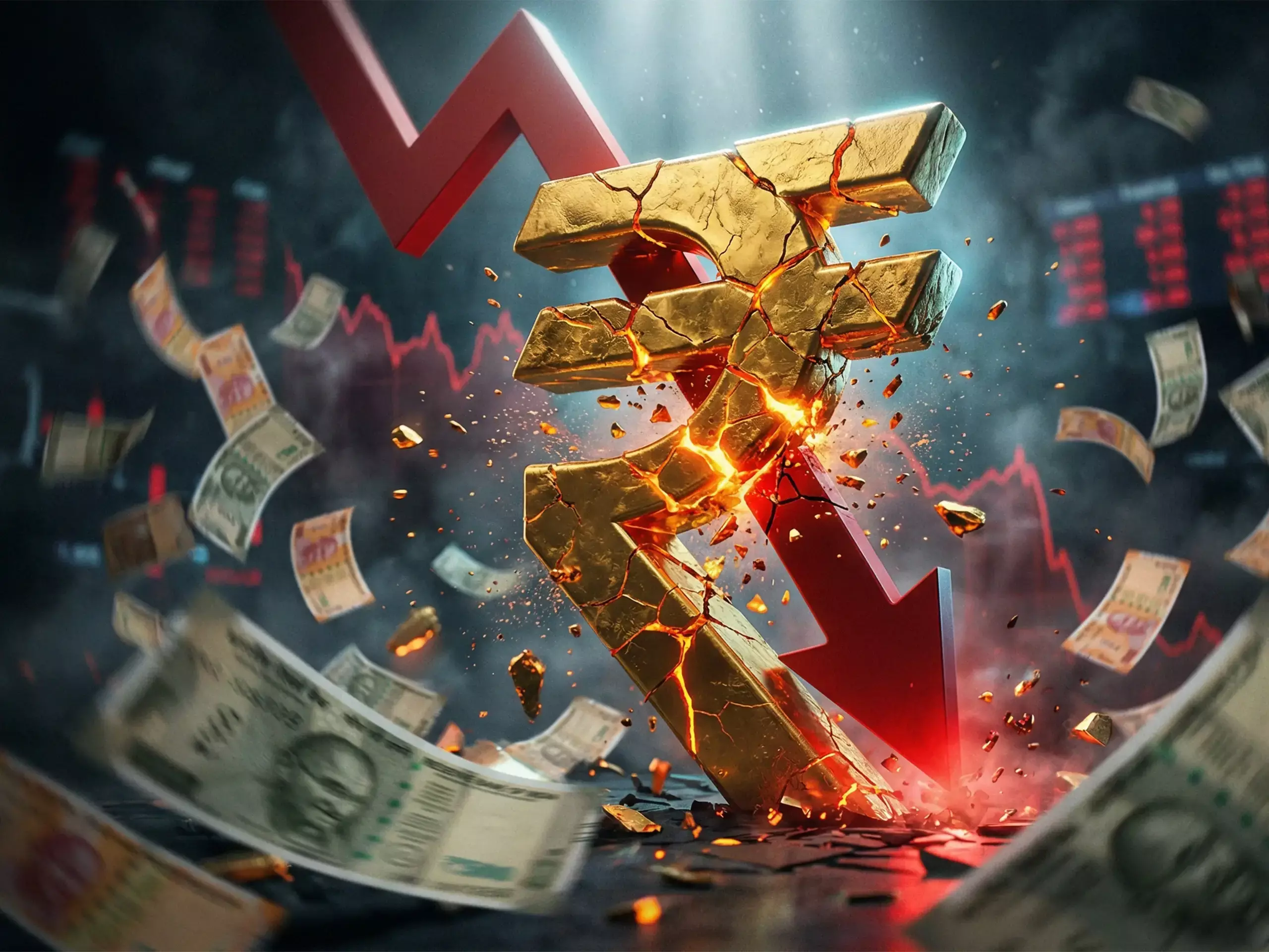 A visual representation of Indian Rupee symbol falling against the US Dollar sign with a financial graph in the background. A visual representation of Indian Rupee symbol falling against the US Dollar sign with a financial graph in the background.