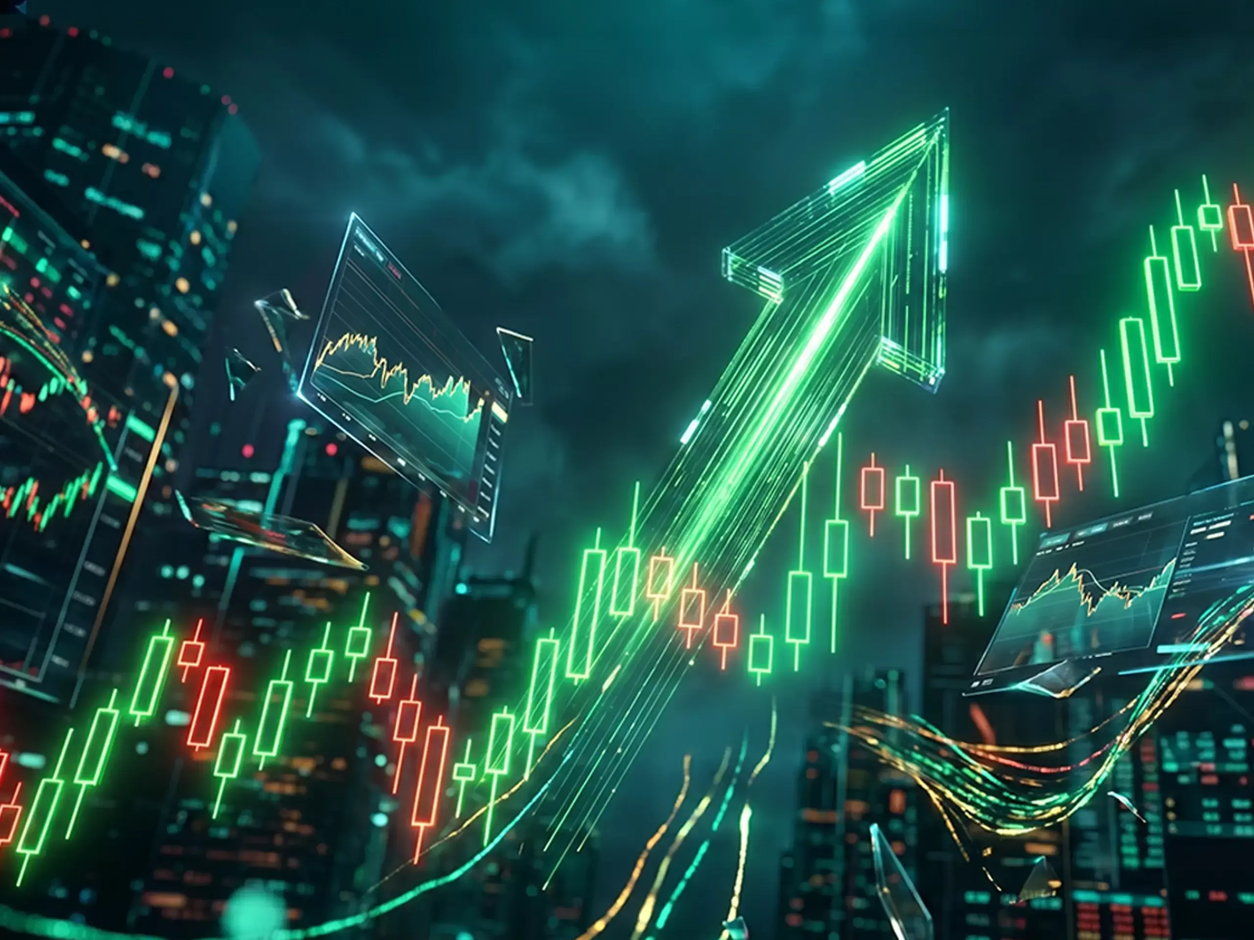 A stock market chart showing upward trend and bull market symbol.