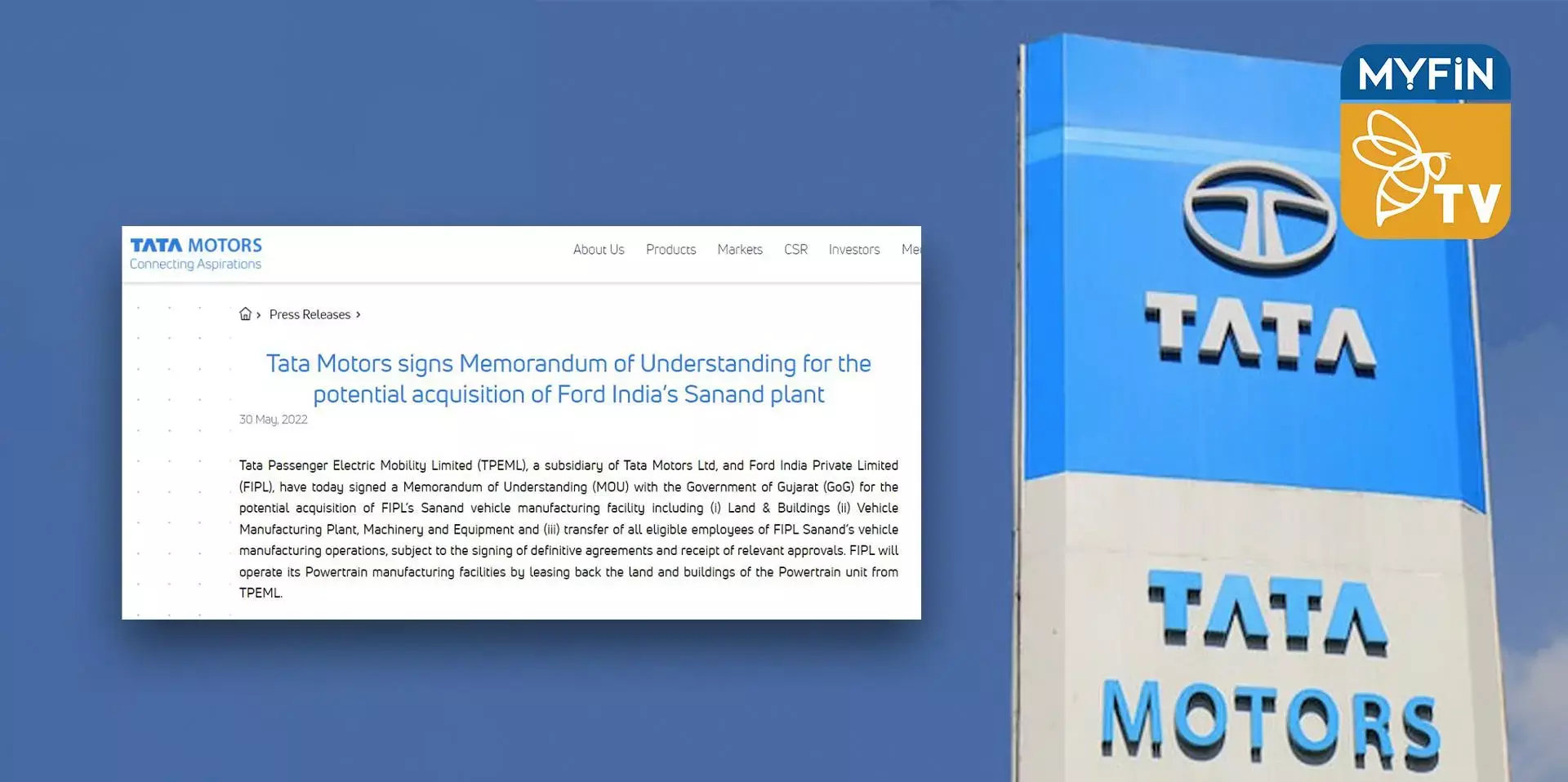 ഫോർഡിന്റെ സാനന്ദ് പ്ലാന്റ് വാങ്ങാനുള്ള കരാറിൽ ടാറ്റ മോട്ടോഴ്‌സ് ഒപ്പുവച്ചു